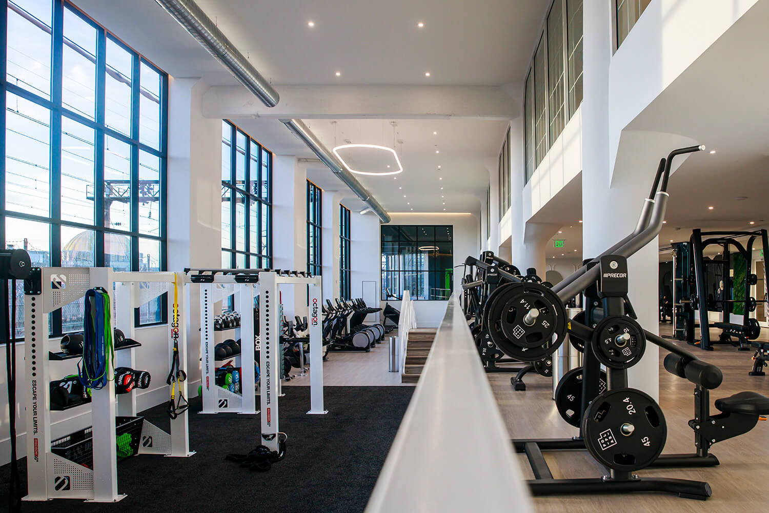Fitness Center with bright and modern overhead lights